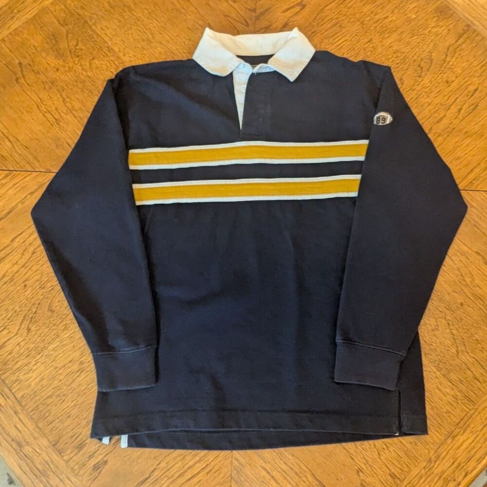 The Children's Place Boys XL Navy Long-sleeve Polo Shirt w/ Yellow/white Stripes